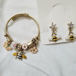 Gold and Yellow Bee Charm Bracelet and Earring Set
